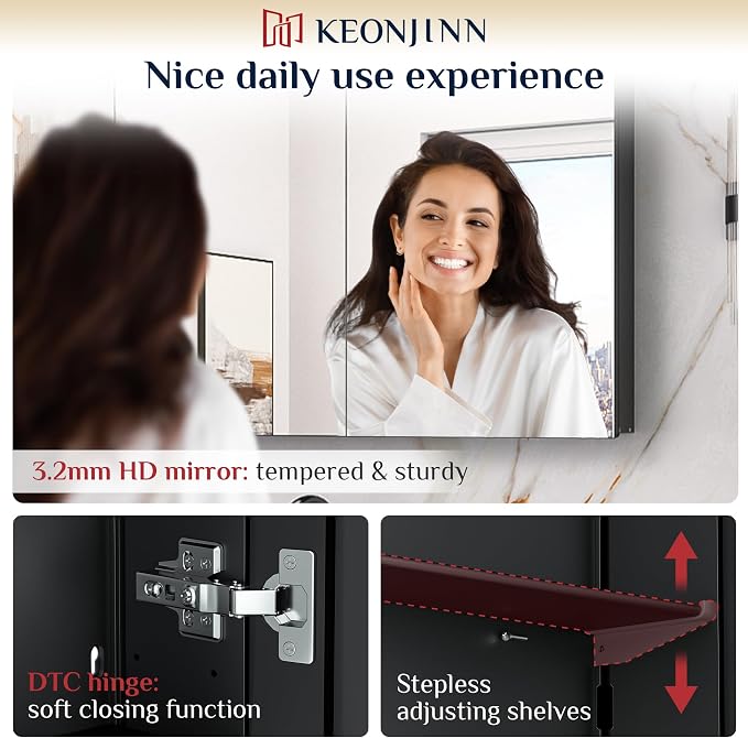 Keonjinn 36 x 24 Inch Black Medicine Cabinet, Bathroom Medicine Cabinet - Image 7