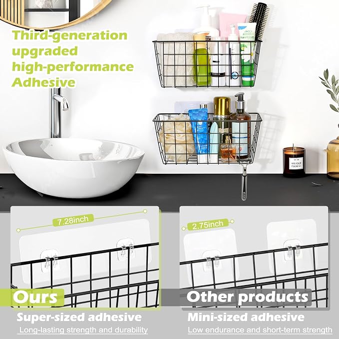2 Pack Hanging Kitchen Baskets, Adhesive Wire Wall Storage Basket, No Drilling - Image 4