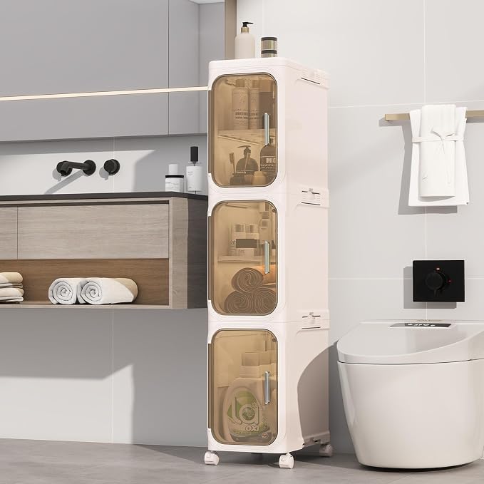 KHNR 3-Tiers Slim Bathroom Storage Cabinet, Foldable Storage Cabinets, Narrow by EnjoyYourLife