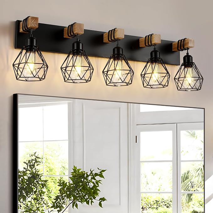 Farmhouse Vanity Light for Bathroom, 5-Light Wood Bathroom Vanity Light by LIGHTUPYOURLIFE