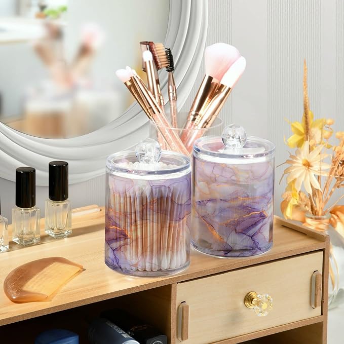 2 Pack Qtip Holder Organizer Dispenser Purple Transparent Waves Marble Bathroom - Image 6