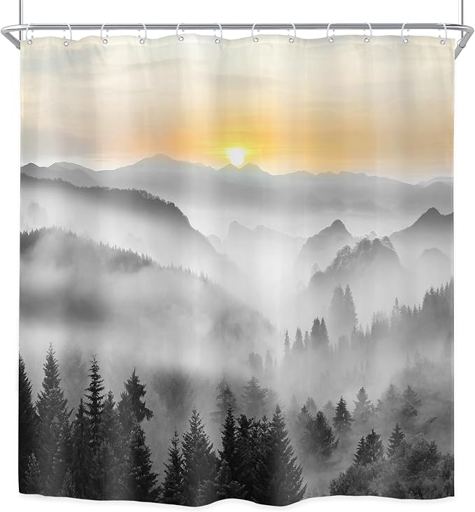 Riyidecor Misty Mountain Shower Curtain 72Wx72H Inch Black Sunrise Foggy - Image 8