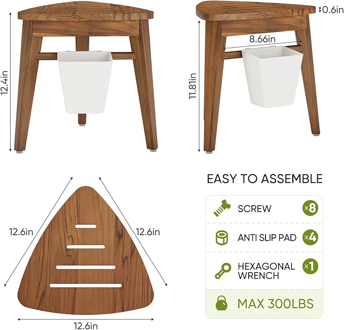 12.4“ Tall Small Teak Shower Stool - Image 6