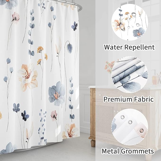 Gibelle Long Shower Curtain 72 x 78, Watercolor Floral Fabric Shower Curtain - Image 3