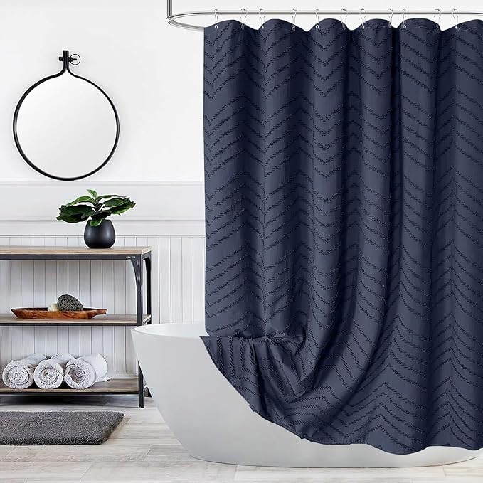78 Inches Long Boho Tufted Chevron Striped Fabric Shower Curtain Navy Blue by TURKIO