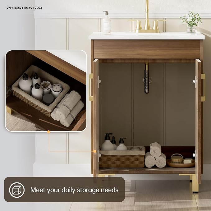 phiestina 24 Inch Walnut Small Bathroom Vanity, Fully Pre-Assembled Bathroom - Image 5