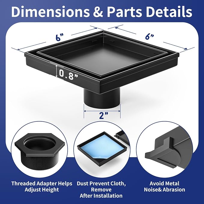 Square Shower Drain 6", Matte Black Floor Drain - Image 5