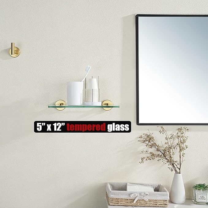 JQK Bathroom Glass Shelf Gold, Tempered Glass Shower Storage 12 by 5 inches - Image 2