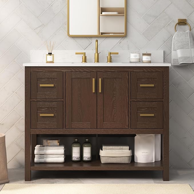42 Inch Bathroom Vanity with Sink, Farmhouse Storage Cabinet with Drawers & by DELUXELIVING