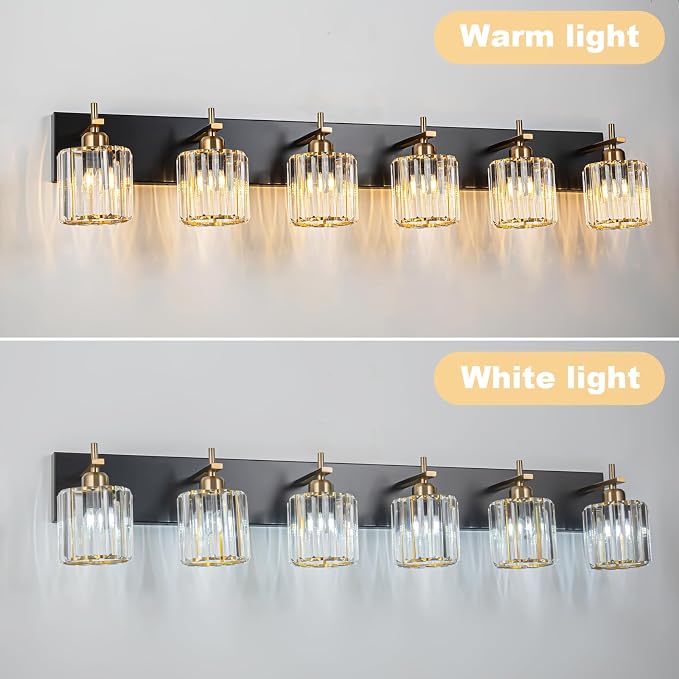 6-Light Crystal Bathroom Vanity Light, Modern Black Gold Bathroom Light - Image 5