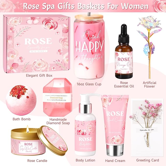 Birthday Gifts for Women, Rose Relaxing Spa Gift Basket for Women Friendship - Image 2