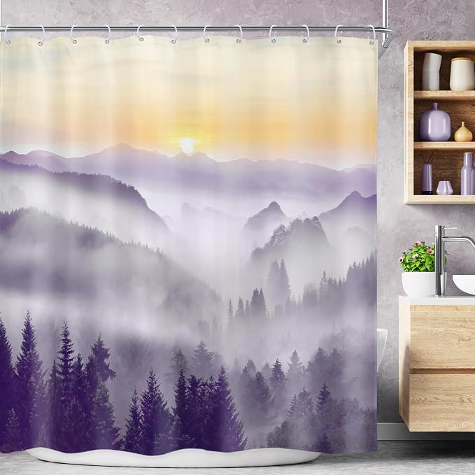 Riyidecor Misty Mountain Shower Curtain 72Wx72H Inch Purple Sunrise Nature by Riyidecor