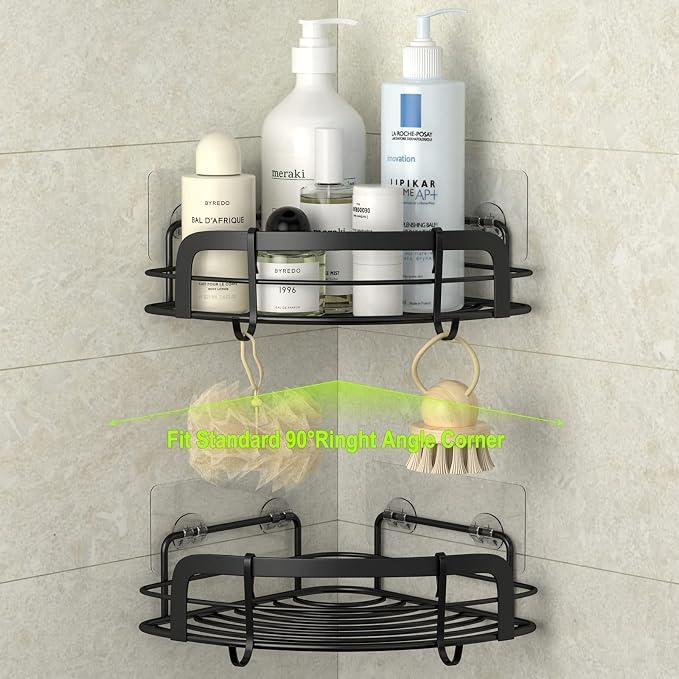 STEUGO Black Bathroom Corner Shower Shelfs, Adhesive Wall Mounted Shower Caddy - Image 4