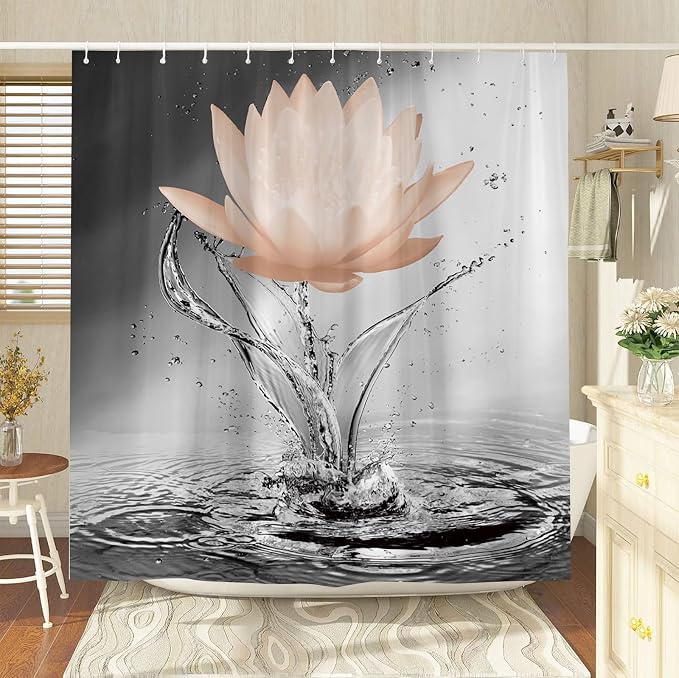 Lotus Shower Curtain Black White Grey Orange Flower Elegant Blooming Floral - Image 3