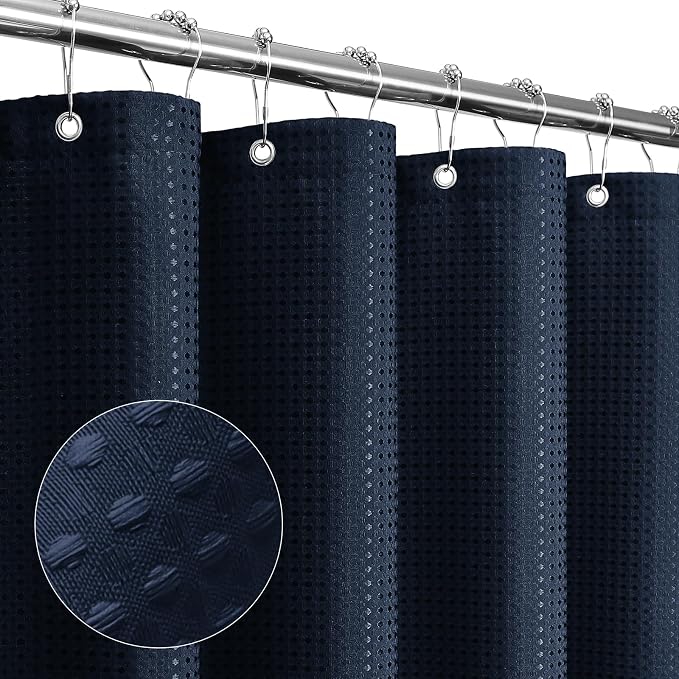 Gibelle Navy Blue Shower Curtain, Waffle Weave Textured Fabric Shower Curtain by Gibelle
