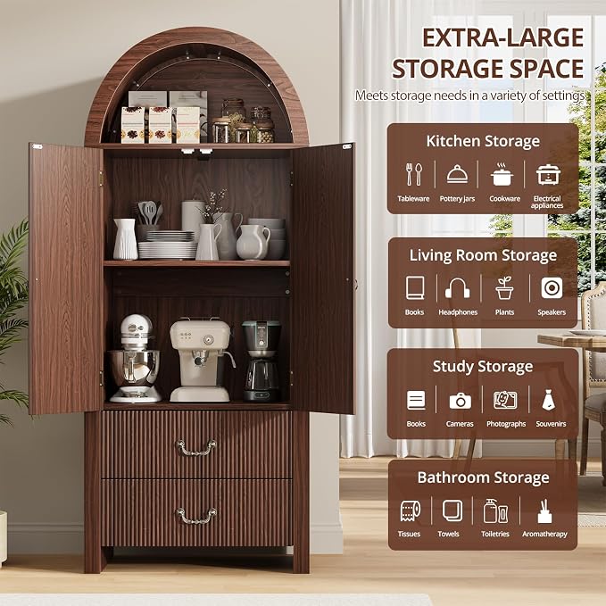 71" Tall Arched Kitchen Pantry, Wood Kitchen Storage Cabinet - Image 3