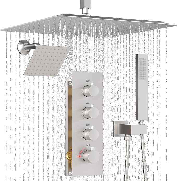 Enga Thermostatic Dual Head Shower System, Brushed Nickel by Enga