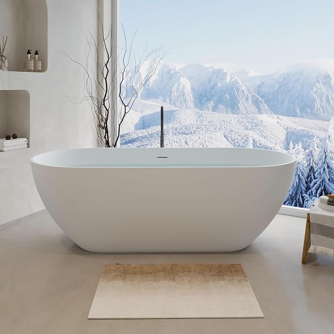 Abruzzo 59" Free Standing Solid Surface Resin Stone Bathtub, Contemporary Oval - Image 2