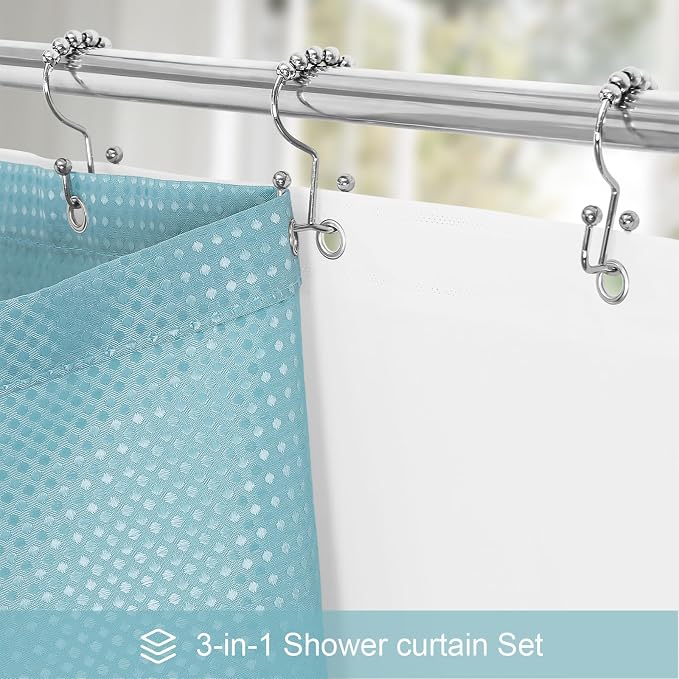 3 in 1 Extra Long Shower Curtain Set-72 W x 84 H, Teal Blue Waffle and PEVA - Image 2