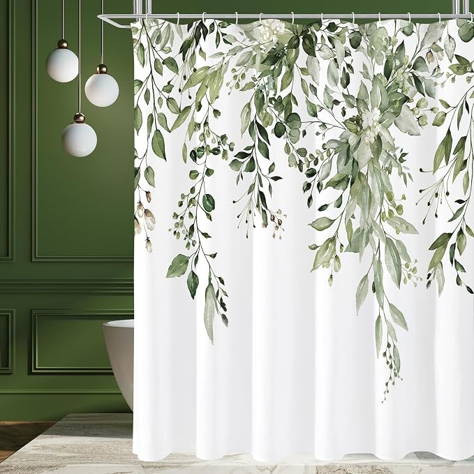 Gibelle Olive Green Eucalyptus Shower Curtain, Watercolor Plant Leaves by Gibelle