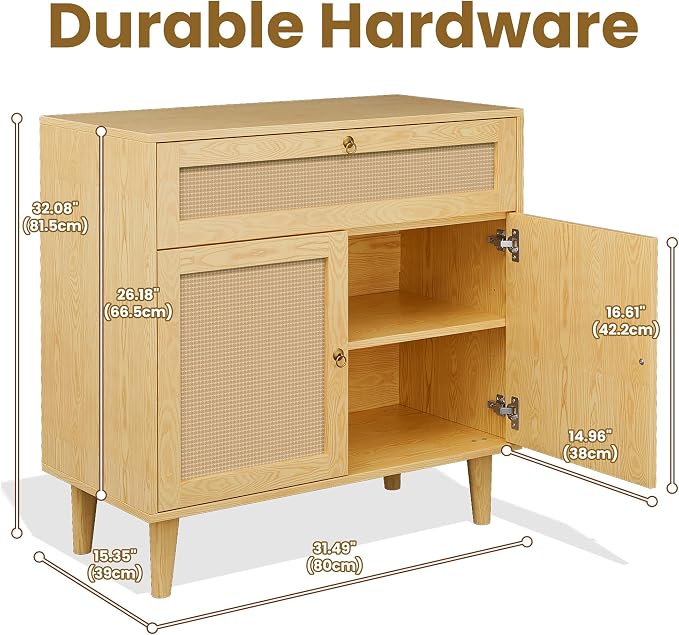 Storage Cabinet with Rattan Decor Doors & Drawer, Modern Bathroom Floor Storage - Image 2