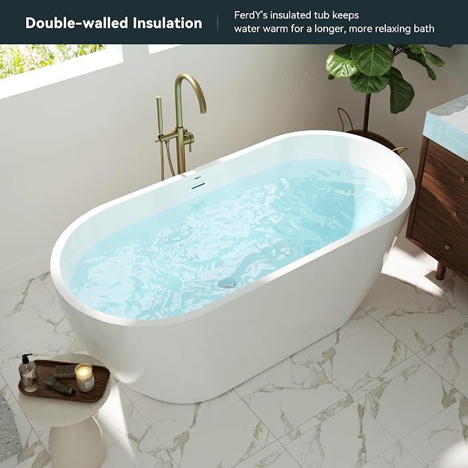 FerdY Bali 59" Acrylic Freestanding Bathtub, Gracefully Shaped Freestanding - Image 3