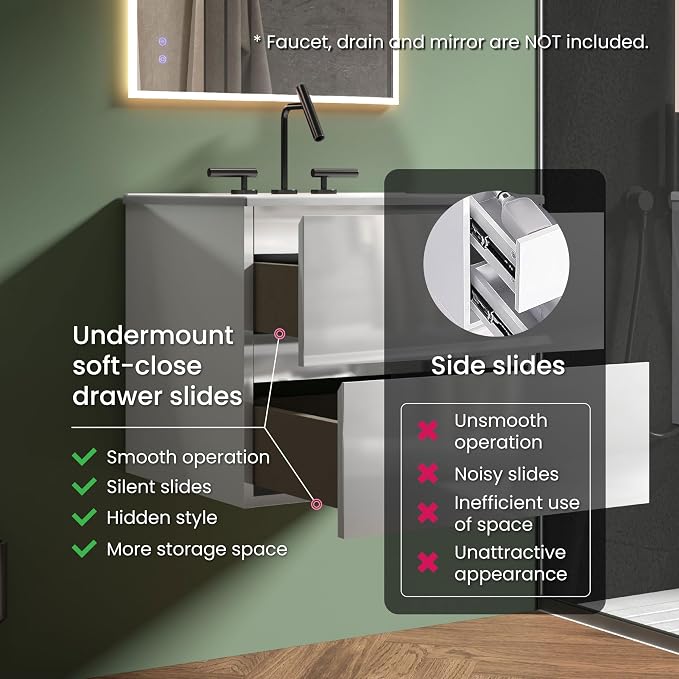 24" Bathroom Vanity with Sink, Modern Floating Vanity with Double Soft Closing - Image 7