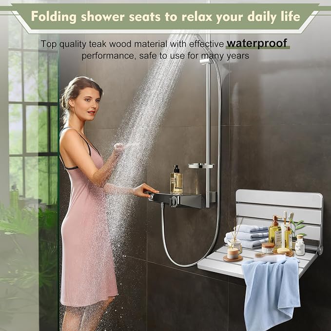 18" Folding Shower Seat Wall Mounted, Fold Down Shower Bench - Image 2