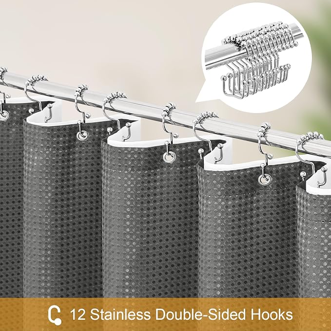3 in 1 Long Charcoal Grey Shower Curtain Set-72 W x 78 H, Modern Waffle and - Image 3