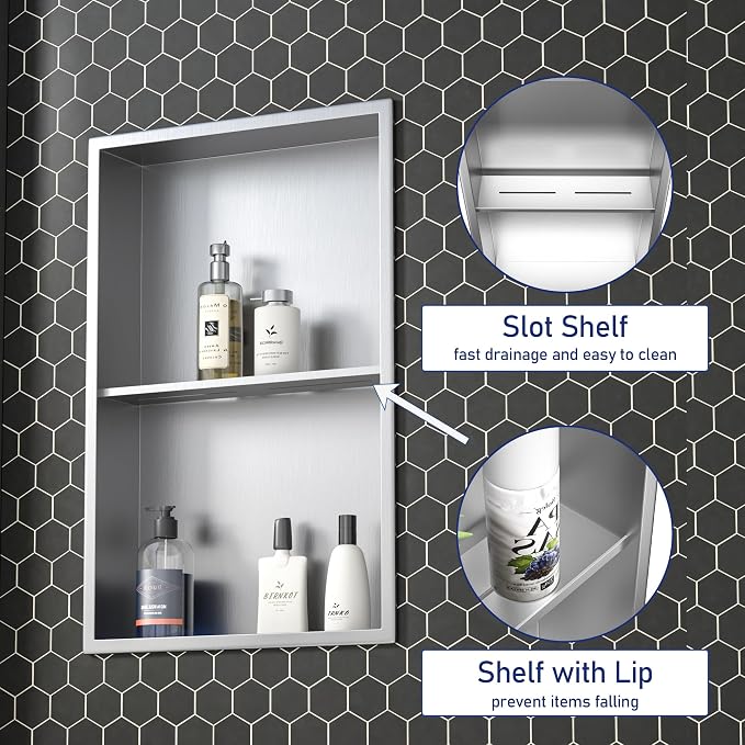 Stainless Steel Shower Niche 14"×24" Brushed No Tiled Needed Niche Shower - Image 4