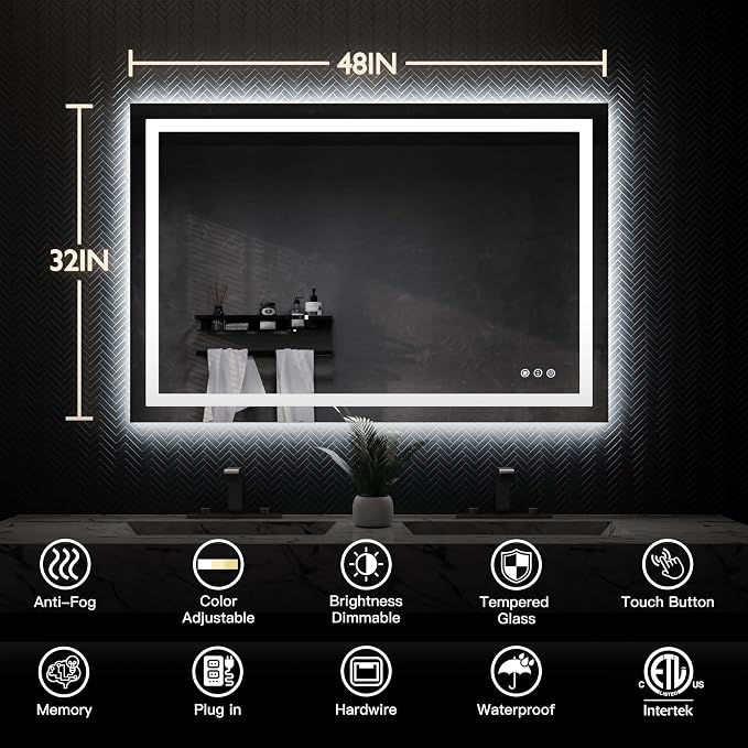 ISKM 48'' x 32'' LED Mirror for Bathroom Lighted Vanity Mirror for Wall Front - Image 7