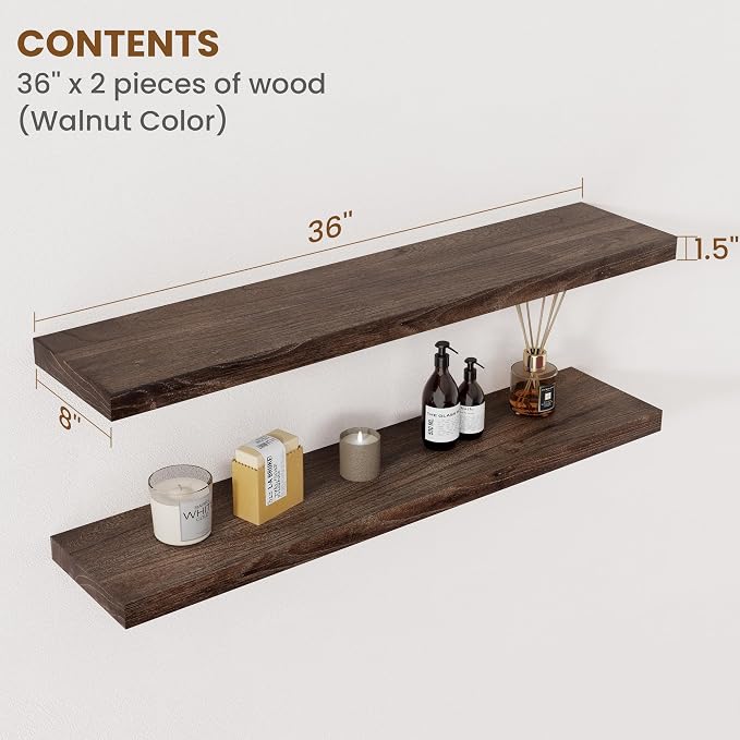 Floating Shelves for Wall Decor, 8 Inch Deep Rustic Solid Elm Wood Floating - Image 2