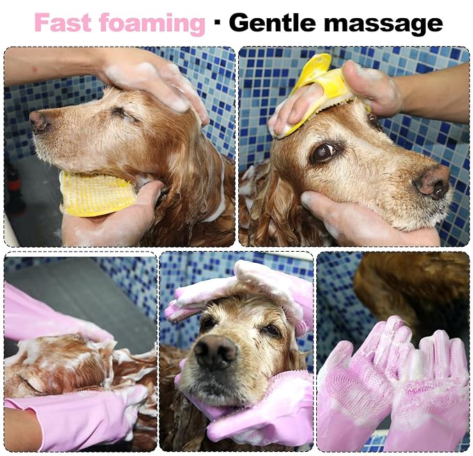 Pet Grooming Gloves and Brush Set, Dog and Cat Bath Scrubber Silicone Gloves - Image 5