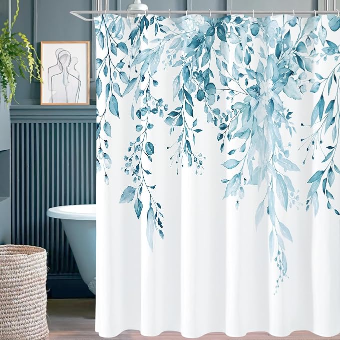 Gibelle Spa Blue Eucalyptus Shower Curtain, Watercolor Plant Leaves by Gibelle