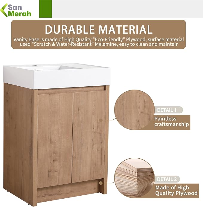 24 inch Bathroom Vanity with Sink, Bathroom Vanity Cabinet W/Resin Sink - Image 4