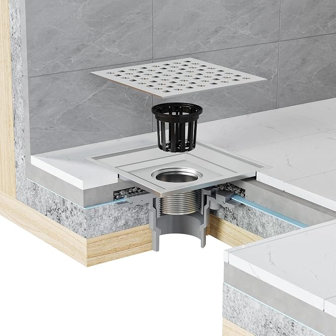 Neodrain Square Shower Drain, 6 inch Stainless Steel 304 Grate and PVC Drain - Image 6