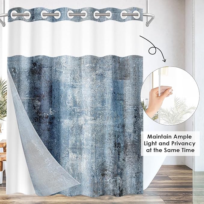 No Hook Grey Navy Blue Painting Shower Curtain - Image 6