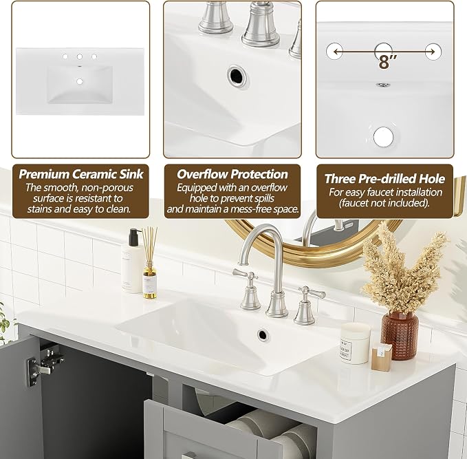 36" Bathroom Vanity with Solid Pine Frame, 1 Soft Close Door and 3 Drawers - Image 5
