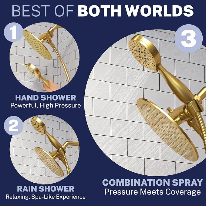 HammerHead Showers® Solid Metal Dual Shower Head Combo – BRUSHED GOLD – 8 Inch - Image 3