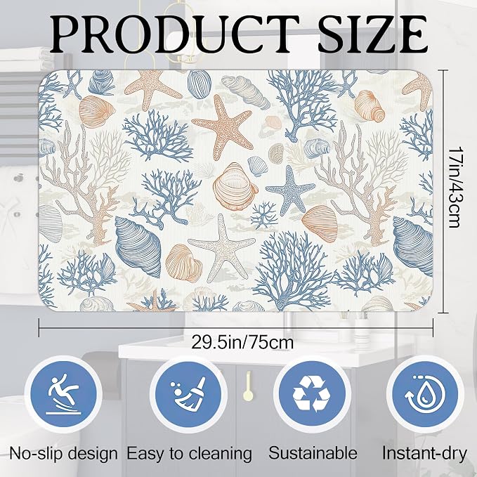 Seashells Starfish Bath Mat, Bathroom Rugs, Absorbent Bath Rug Floor Rug Carpet - Image 2