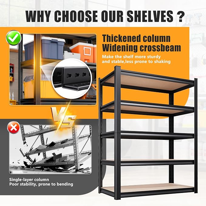 5-Tier Garage Shelving Heavy Duty Storage Shelves, Adjustable Metal Shelving - Image 5