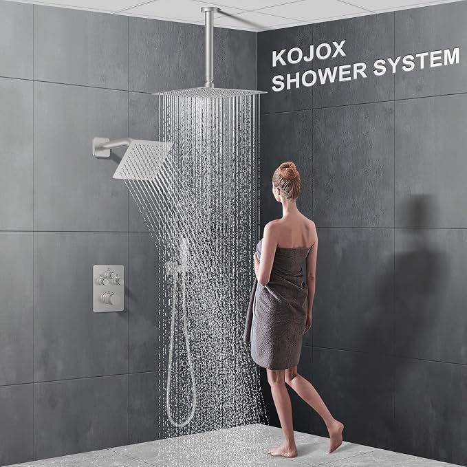 KOJOX Brushed Nickel Thermostatic Shower System, Push Button Diverter Shower - Image 7