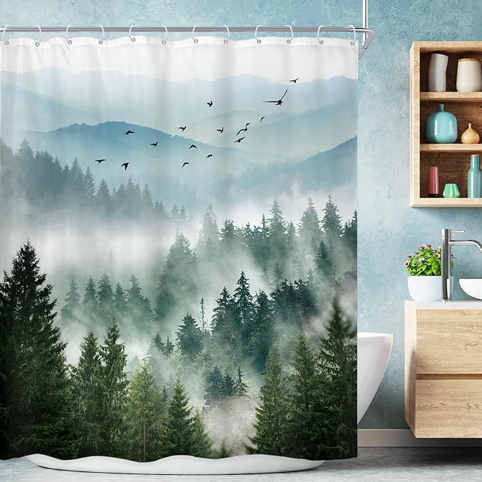 Riyidecor Long Green Shower Curtain 72Wx78H Inch Mountain Scenery Natural Pine by Riyidecor