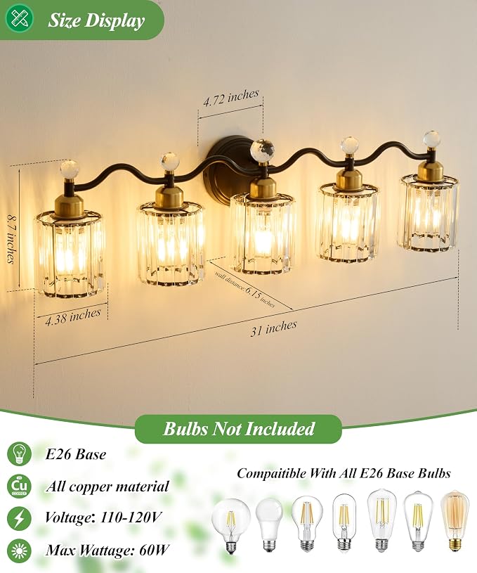 5 Light Vanity Light, Modern Black and Gold Crystal Bathroom Vanity Lighting - Image 4