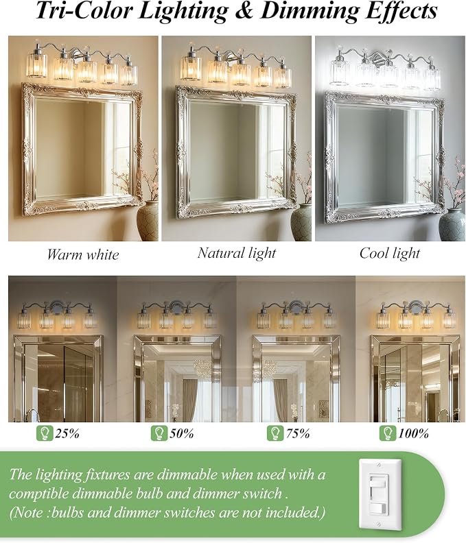 Bathroom Vanity Light, Modern Crystal Bathroom Ligth Fixture, Chrome 5 Light - Image 7