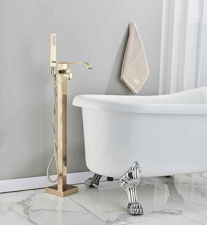 Freestanding Bathtub Faucet Brushed Gold Floor Mount Waterfall Tub Filler High - Image 8