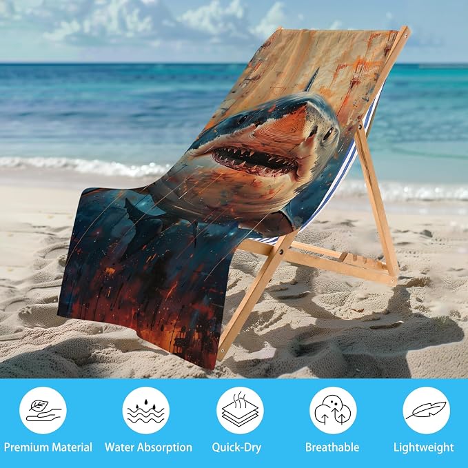 WZOMT Shark Beach Towel, Microfiber Shark Fishing Towel, Retro Ocean Fish Blue - Image 2