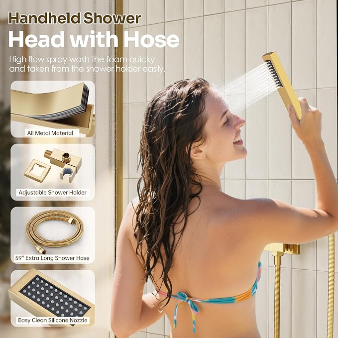 Gold Shower Faucet Set, Brushed Gold Shower System, Dual Gold Shower Head - Image 7