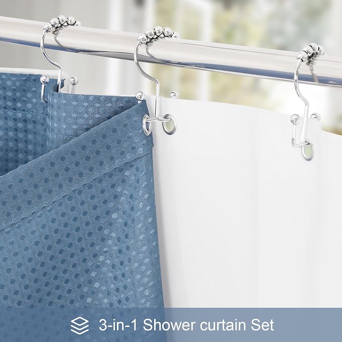 3 in 1 Long Moonlight Blue Shower Curtain Set-72 W x 78 H, Modern Waffle and - Image 2