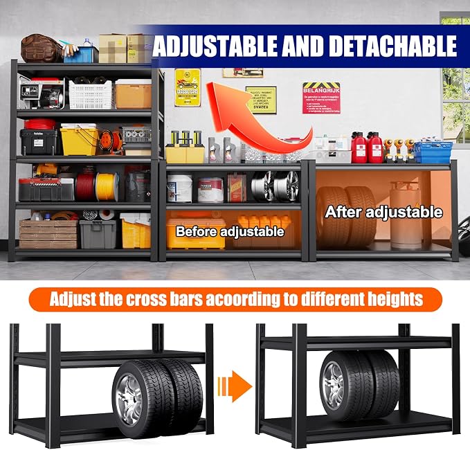 71"H-35"W Garage Shelving, 5-Tier heavy duty storage shelves, Adjustable Metal - Image 5
